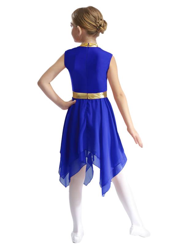 Kids Girls Metallic Sleeveless Asymmetrical Liturgical Praise Dance Dress thumb
