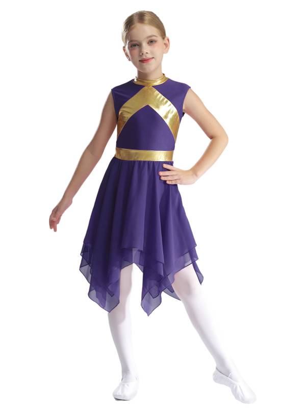 Kids Girls Metallic Sleeveless Asymmetrical Liturgical Praise Dance Dress thumb