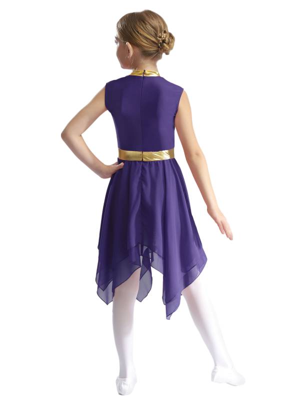 Kids Girls Metallic Sleeveless Asymmetrical Liturgical Praise Dance Dress thumb
