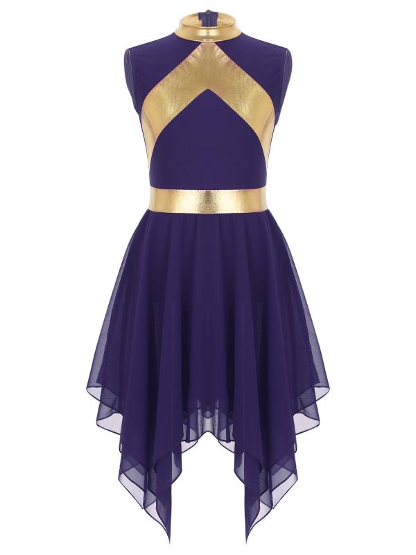 Kids Girls Metallic Sleeveless Asymmetrical Liturgical Praise Dance Dress thumb