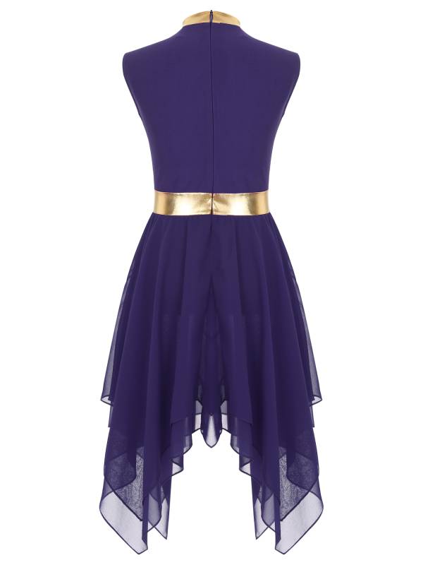 Kids Girls Metallic Sleeveless Asymmetrical Liturgical Praise Dance Dress thumb