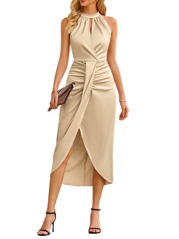 Women Sleeveless Ruched Wrap Hem Split Midi Cocktail Dress thumb