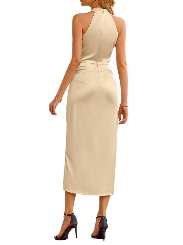 Women Sleeveless Ruched Wrap Hem Split Midi Cocktail Dress thumb
