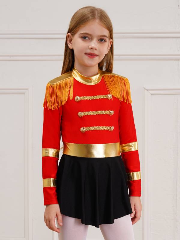 Kids Girls Long Sleeve Keyhole Back Fringe Circus Ringmaster Leotard Dress thumb