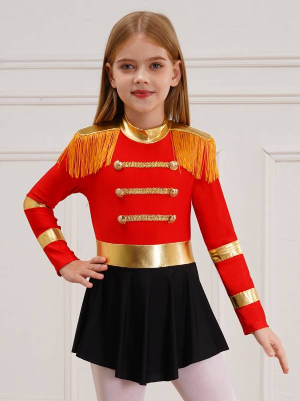Kids Girls Long Sleeve Keyhole Back Fringe Circus Ringmaster Leotard Dress thumb