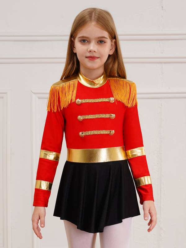 Kids Girls Long Sleeve Keyhole Back Fringe Circus Ringmaster Leotard Dress thumb