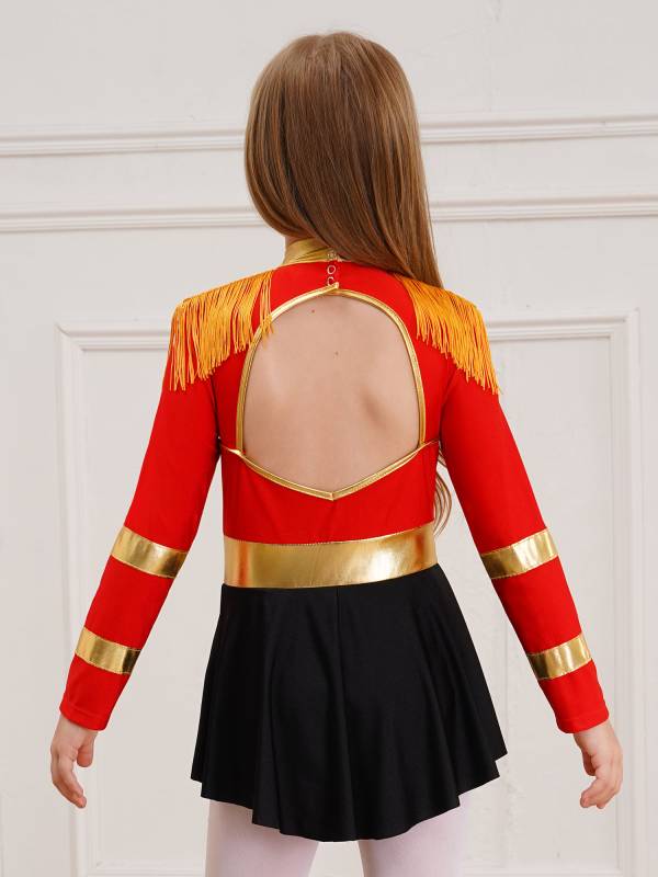 Kids Girls Long Sleeve Keyhole Back Fringe Circus Ringmaster Leotard Dress thumb