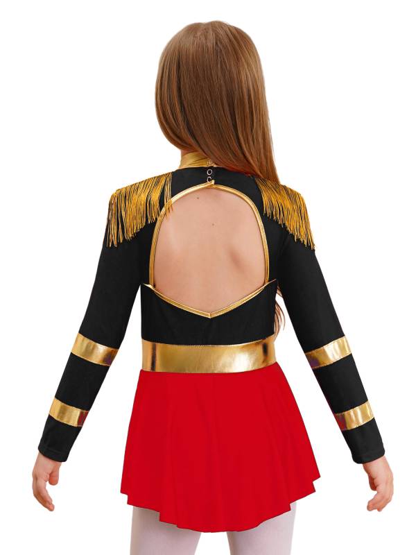 Kids Girls Long Sleeve Keyhole Back Fringe Circus Ringmaster Leotard Dress thumb