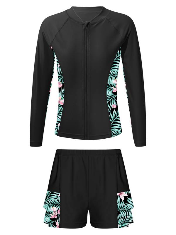 Kids Girls 2pcs Long Sleeve Rash Guard and Shorts Swim Set thumb