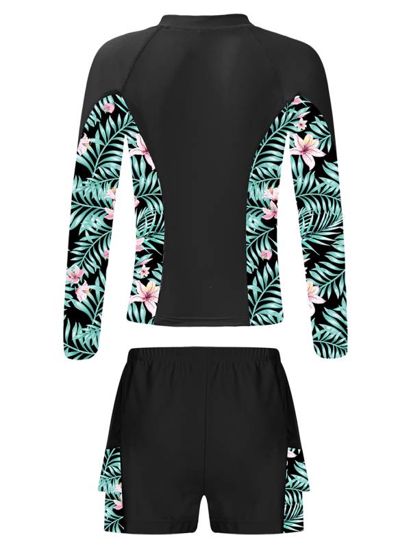 Kids Girls 2pcs Long Sleeve Rash Guard and Shorts Swim Set thumb