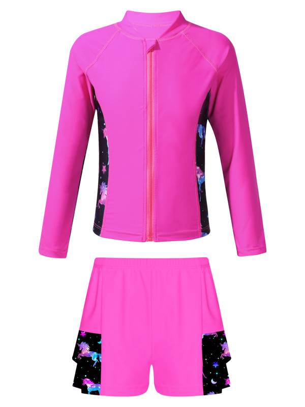Kids Girls 2pcs Long Sleeve Rash Guard and Shorts Swim Set thumb