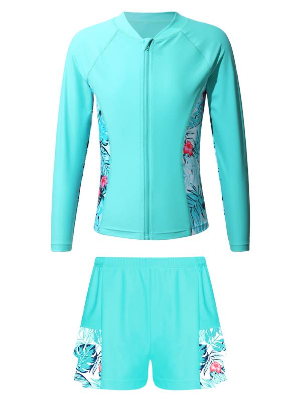 Kids Girls 2pcs Long Sleeve Rash Guard and Shorts Swim Set thumb