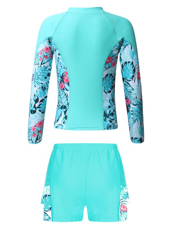 Kids Girls 2pcs Long Sleeve Rash Guard and Shorts Swim Set thumb