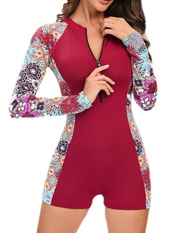 Women Long Sleeve Floral Padded Swim Romper Front Zipper UPF 50 Rashguard thumb