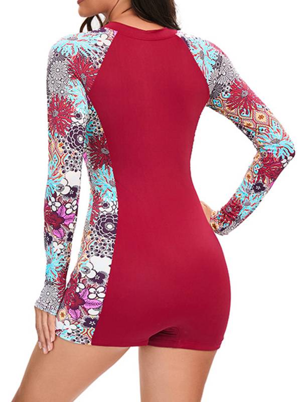 Women Long Sleeve Floral Padded Swim Romper Front Zipper UPF 50 Rashguard thumb