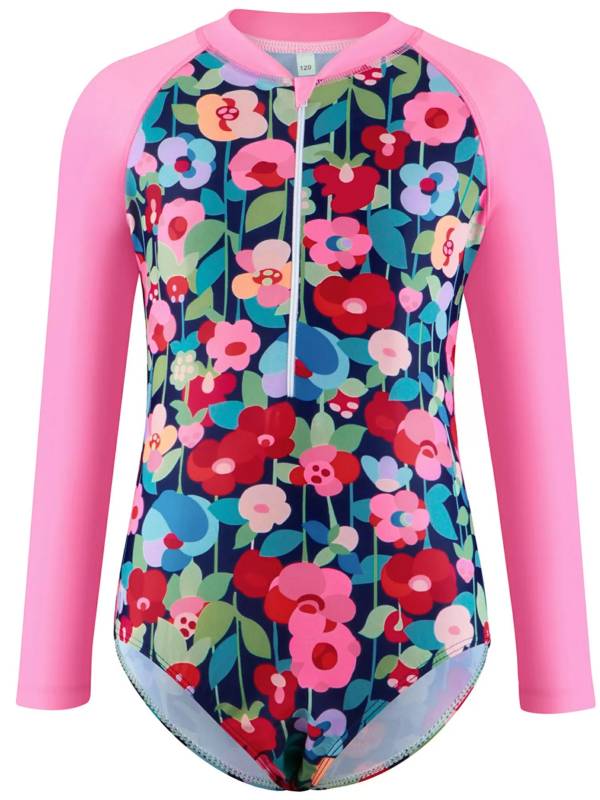 Kids Girls One-piece Long Sleeve Front Zipper Swimming Bodysuit thumb