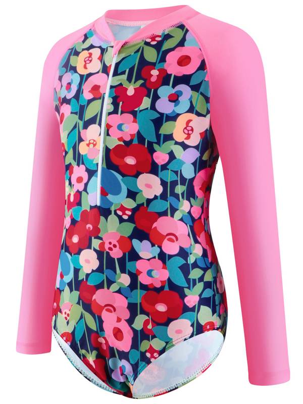 Kids Girls One-piece Long Sleeve Front Zipper Swimming Bodysuit thumb