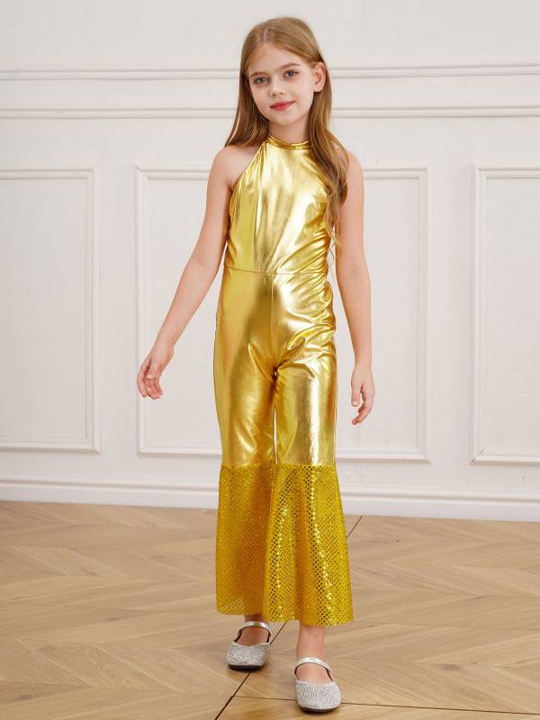 Girls Sleeveless Halter Neck Metallic Sequins Retro Disco Dance Jumpsuit thumb