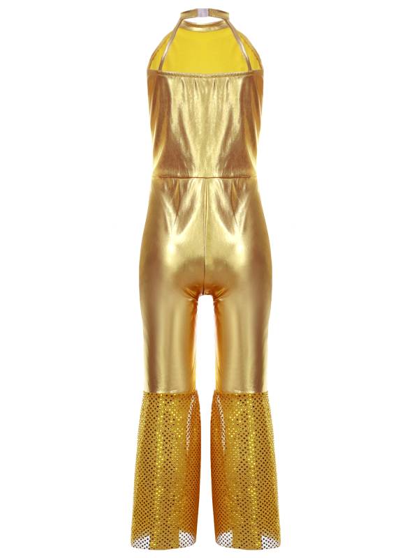 Girls Sleeveless Halter Neck Metallic Sequins Retro Disco Dance Jumpsuit thumb