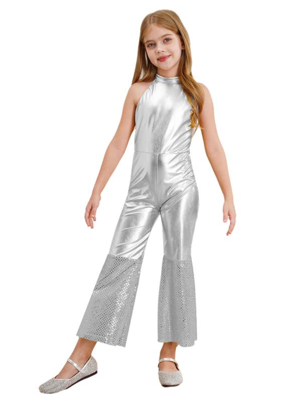 Girls Sleeveless Halter Neck Metallic Sequins Retro Disco Dance Jumpsuit thumb