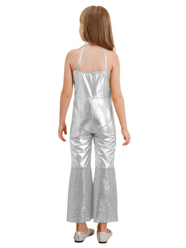 Girls Sleeveless Halter Neck Metallic Sequins Retro Disco Dance Jumpsuit thumb