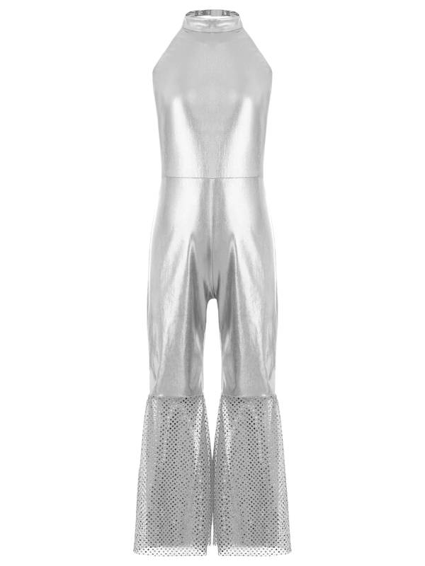 Girls Sleeveless Halter Neck Metallic Sequins Retro Disco Dance Jumpsuit thumb