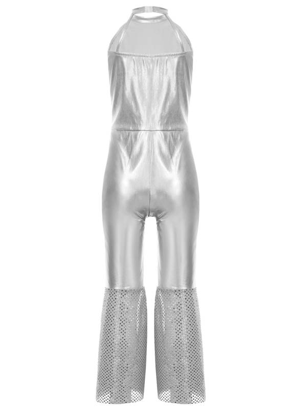 Girls Sleeveless Halter Neck Metallic Sequins Retro Disco Dance Jumpsuit thumb