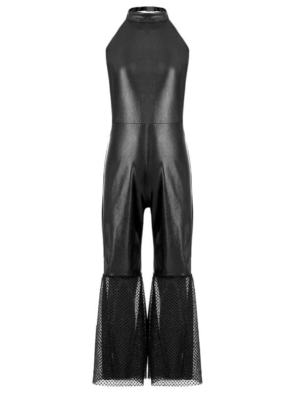 Girls Sleeveless Halter Neck Metallic Sequins Retro Disco Dance Jumpsuit thumb