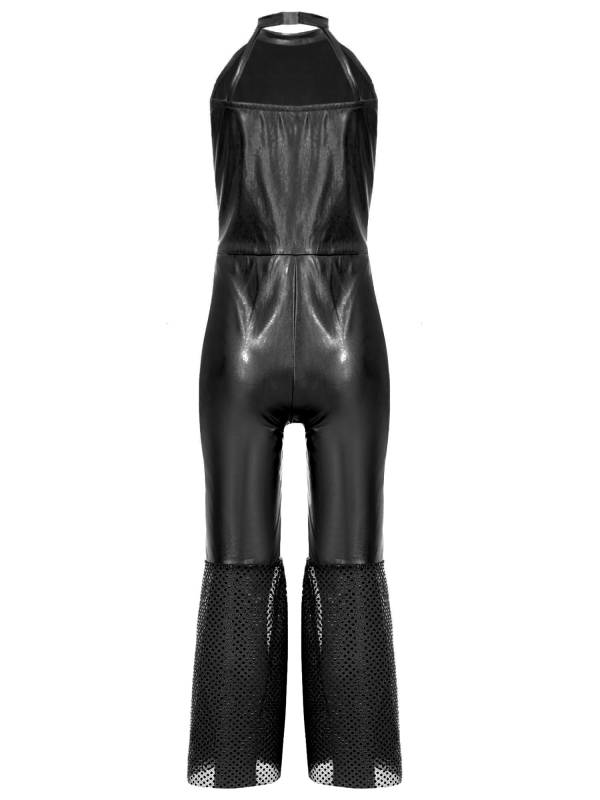 Girls Sleeveless Halter Neck Metallic Sequins Retro Disco Dance Jumpsuit thumb