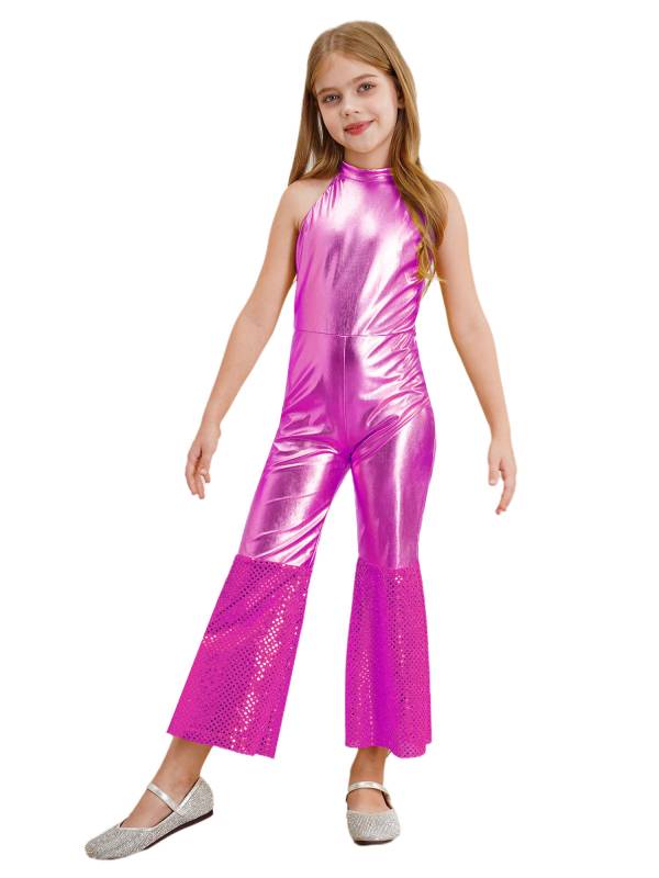 Girls Sleeveless Halter Neck Metallic Sequins Retro Disco Dance Jumpsuit thumb
