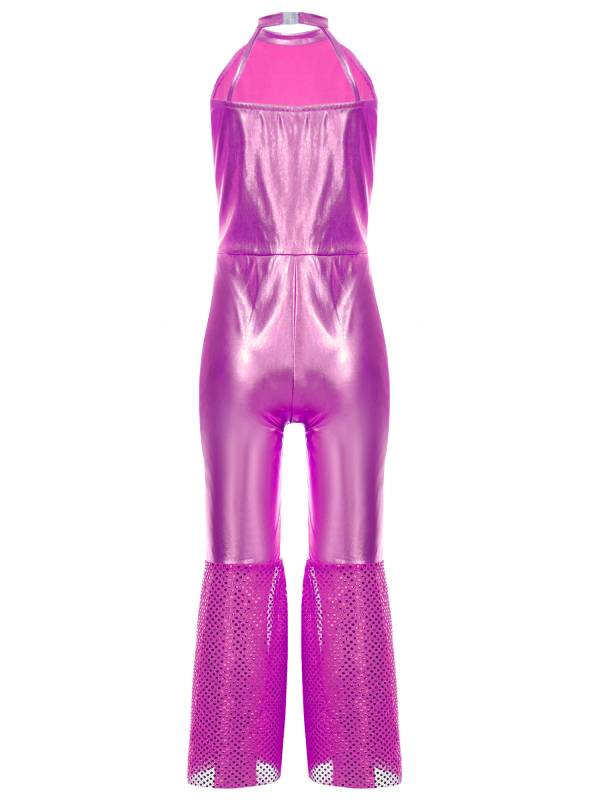 Girls Sleeveless Halter Neck Metallic Sequins Retro Disco Dance Jumpsuit thumb