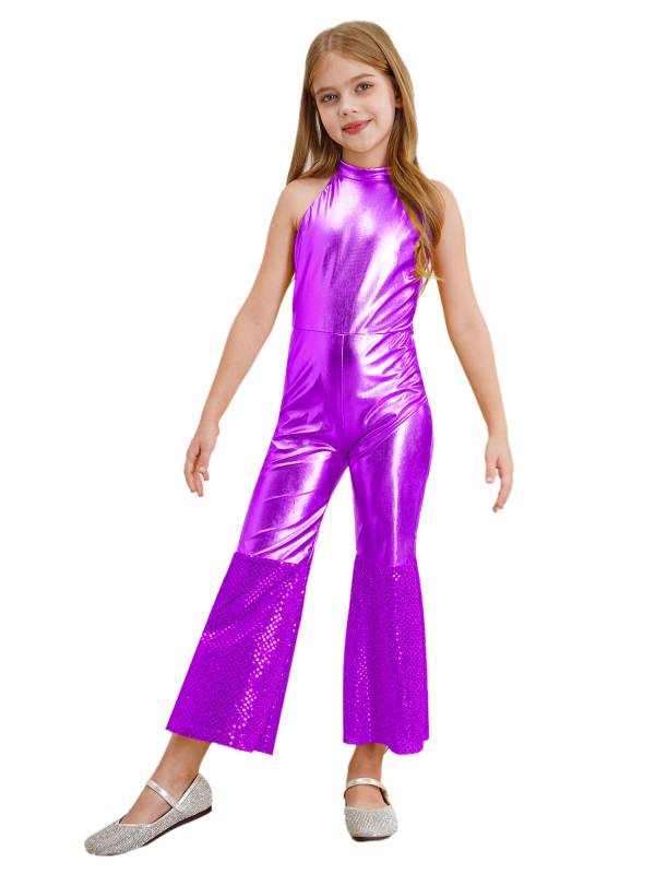Girls Sleeveless Halter Neck Metallic Sequins Retro Disco Dance Jumpsuit thumb