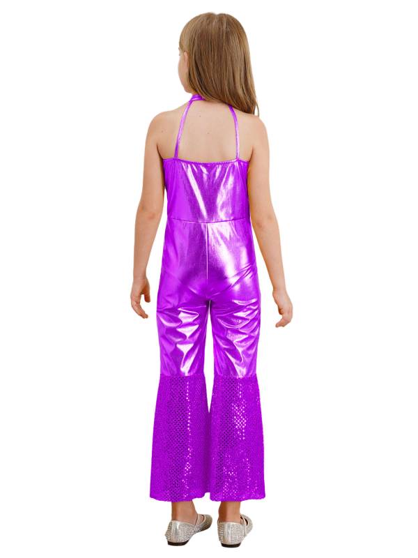 Girls Sleeveless Halter Neck Metallic Sequins Retro Disco Dance Jumpsuit thumb