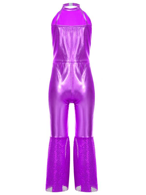 Girls Sleeveless Halter Neck Metallic Sequins Retro Disco Dance Jumpsuit thumb