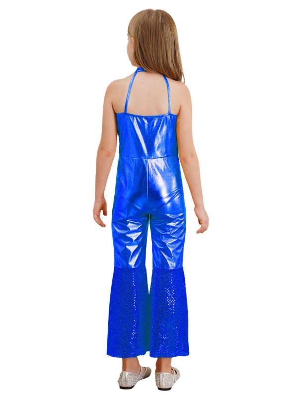 Girls Sleeveless Halter Neck Metallic Sequins Retro Disco Dance Jumpsuit thumb