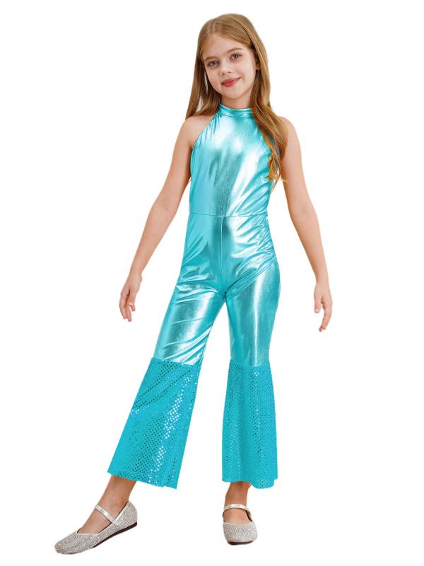 Girls Sleeveless Halter Neck Metallic Sequins Retro Disco Dance Jumpsuit thumb
