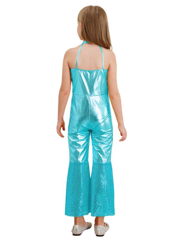 Girls Sleeveless Halter Neck Metallic Sequins Retro Disco Dance Jumpsuit thumb