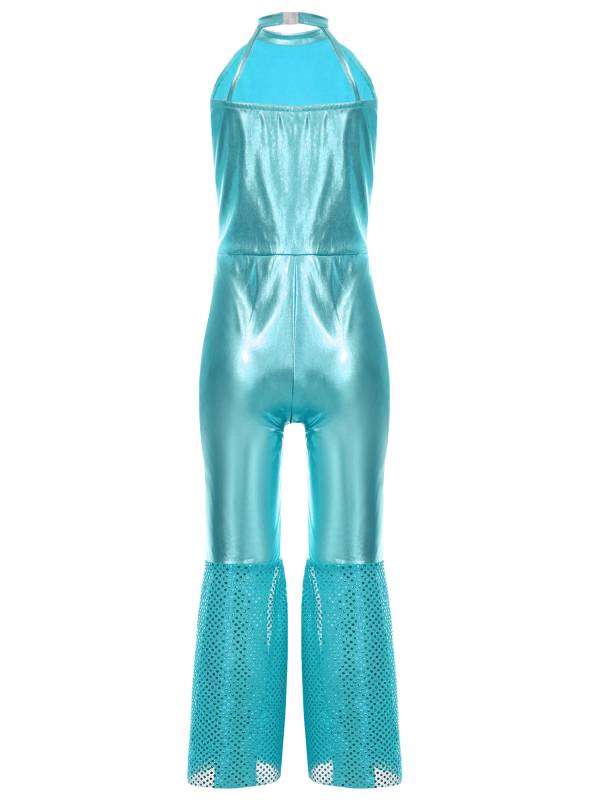Girls Sleeveless Halter Neck Metallic Sequins Retro Disco Dance Jumpsuit thumb