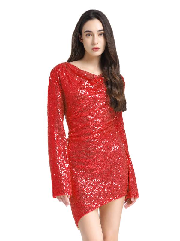 Women Cocktail Dress Allover Sequins Long Sleeve Bodycon