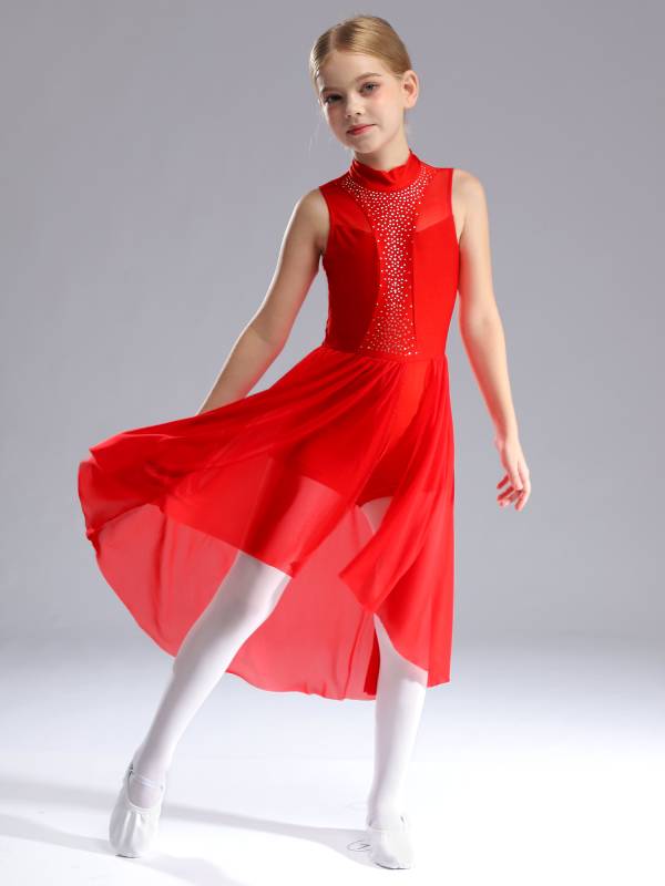 Kids Girls Sleeveless Mock Neck Side Slit Hi-Lo Skating Leotard Dress thumb