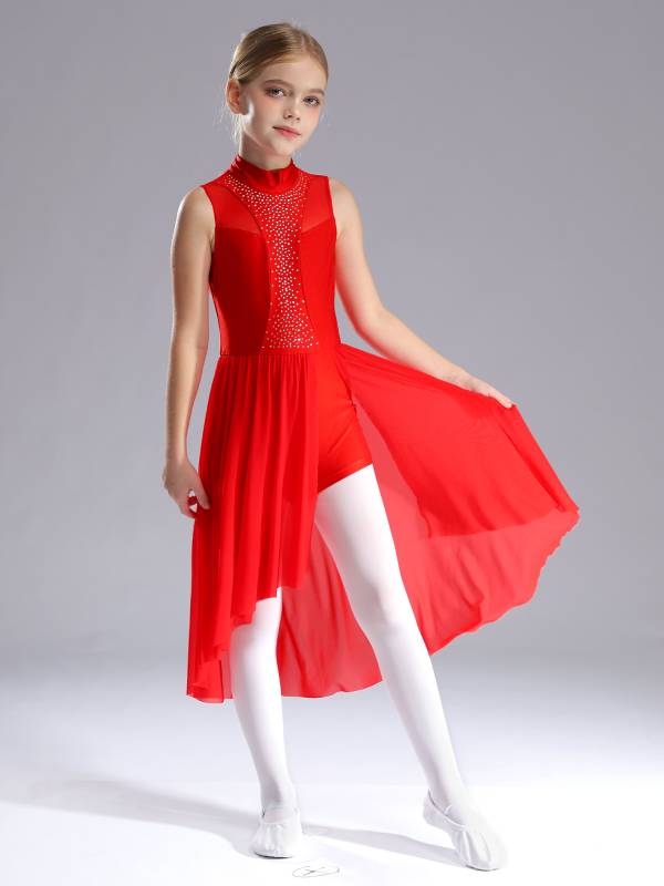 Kids Girls Sleeveless Mock Neck Side Slit Hi-Lo Skating Leotard Dress thumb