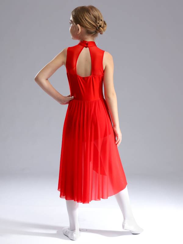 Kids Girls Sleeveless Mock Neck Side Slit Hi-Lo Skating Leotard Dress thumb