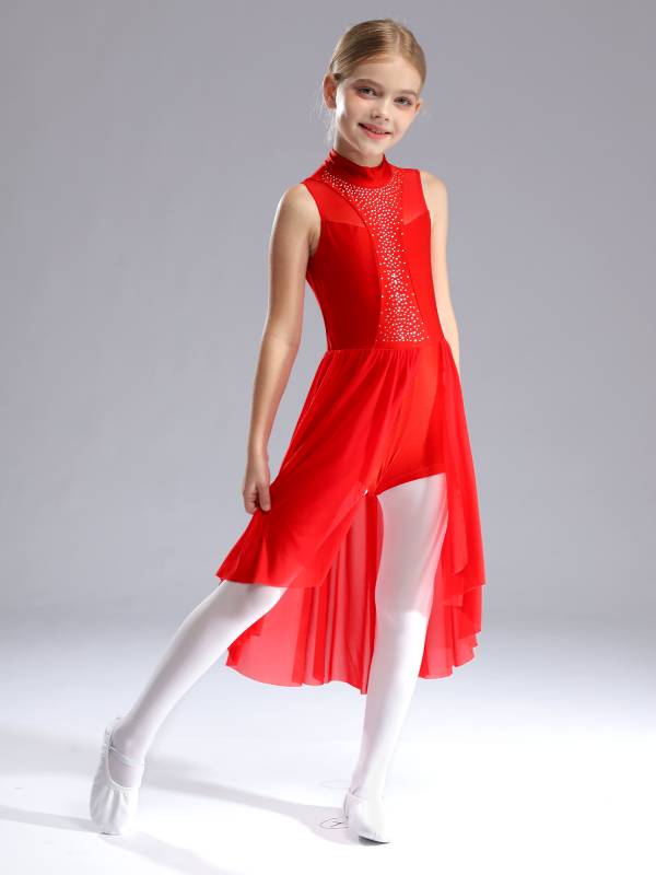 Kids Girls Sleeveless Mock Neck Side Slit Hi-Lo Skating Leotard Dress thumb