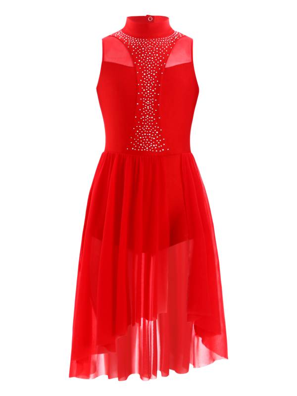 Kids Girls Sleeveless Mock Neck Side Slit Hi-Lo Skating Leotard Dress thumb