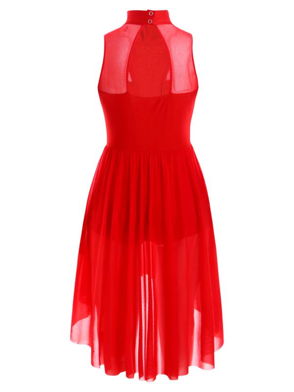 Kids Girls Sleeveless Mock Neck Side Slit Hi-Lo Skating Leotard Dress thumb