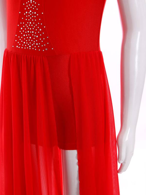 Kids Girls Sleeveless Mock Neck Side Slit Hi-Lo Skating Leotard Dress thumb