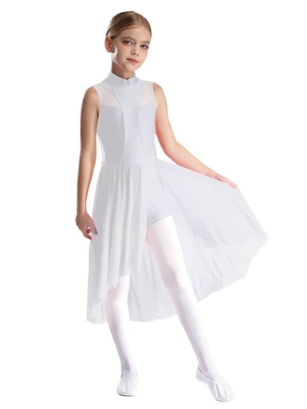 Kids Girls Sleeveless Mock Neck Side Slit Hi-Lo Skating Leotard Dress thumb
