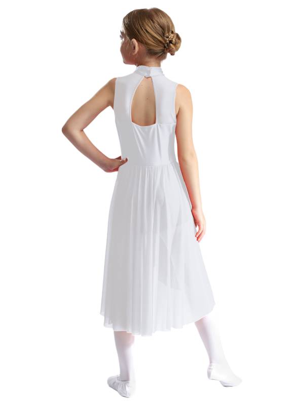Kids Girls Sleeveless Mock Neck Side Slit Hi-Lo Skating Leotard Dress thumb
