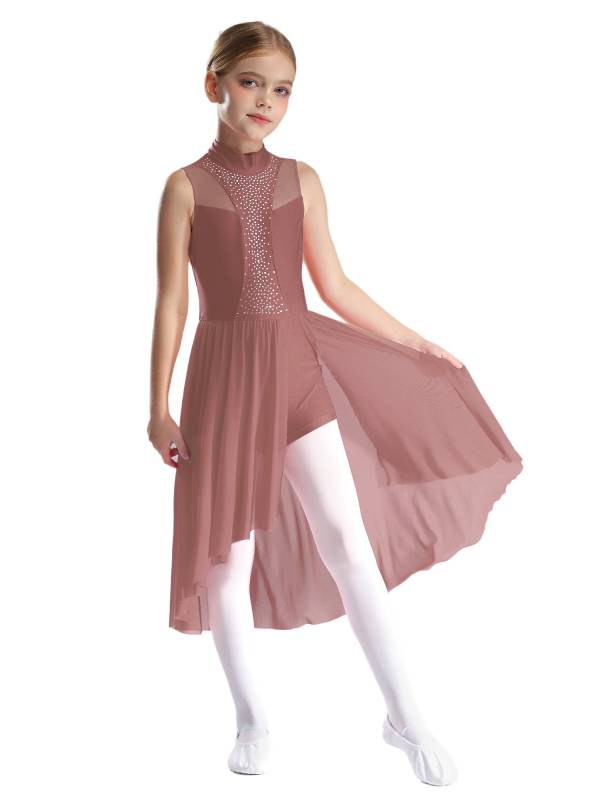 Kids Girls Sleeveless Mock Neck Side Slit Hi-Lo Skating Leotard Dress thumb