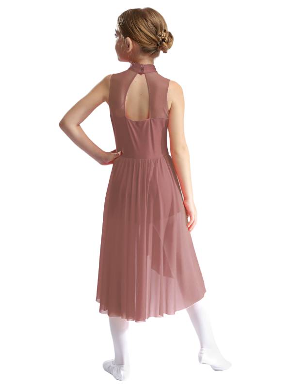 Kids Girls Sleeveless Mock Neck Side Slit Hi-Lo Skating Leotard Dress thumb